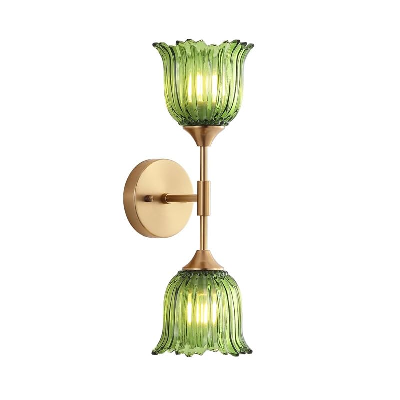 2 Lampade Applique da Parete Fiore Paralume in Vetro Verde Lampada da Parete Interna Ottone Dorato Illuminazione Da Parete per Bagno Soggiorno Camera Da Letto Cucina