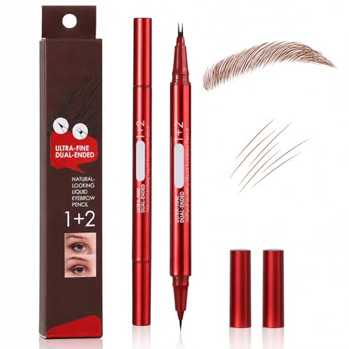 Dual-Ended Faux Brow Pen Hair-Like Liquid Eyebrow Pencil with Double-Brush Tip & Precise Single Tip Fast & Easy Makeup for Sparse Brows Waterproof & Smudge-Proof Eyebrows Light Brunette