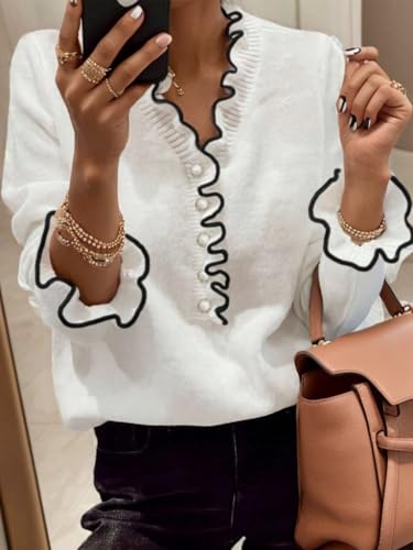 Women's Ruffle V Neck Long Sleeve Sweater Contrast Color V Neck Pearl Beaded Button Sweater Knitted Pullover Tops2
