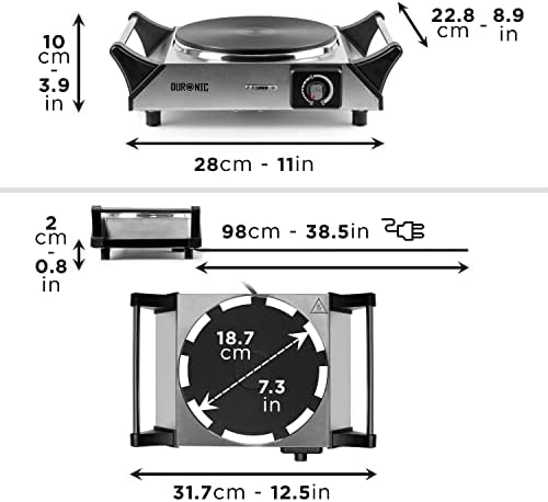 Duronic HP1 SS Płyta grzewcza jednopalnikowa z uchwytami 1500W | przenośna kuchenka turystyczna do kampera 2,3 kg | średnica palnika 18,7 cm | kuchenka na blatowa do kuchni polowej | stal nierdzewna