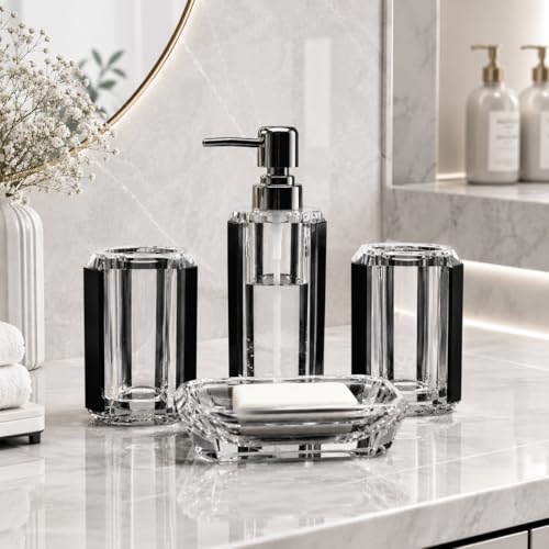LGURT 4-Piece Black Bathroom Accessories Set — Soap Dispenser, Soap Dish, Mouthwash Cup & Toothbrush Holder, Glossy Acrylic with Brushed Finish Plastic, Modern Bathroom Decor by LGURT - Image 2