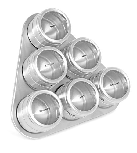Internet's Best Triangle Magnetic Spice Rack - 6 Jars - Round Storage Spice Rack Set - Clear Sift and Pour Lid - Stainless Steel