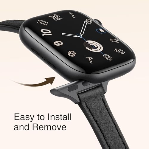 Image of STIROLL Slim Leather Bands Compatible with Apple Watch Band 38mm 40mm 41mm 42mm(Series 11 10), Top Grain Leather Watch Thin Wristband for iWatch Ultra SE Series 9 8 7 6 5 4 3 2 1 (Black)