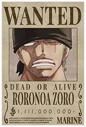 XIUXIN Anime Cartoon Straw Hat Pirates Latest Wanted Bounty Roronoa Zoro Posters Canvas Poster Wall Art Print Painting Decorations for Home Bedroom Living Room Gifts Unframe: 12x18inch(30x45cm)