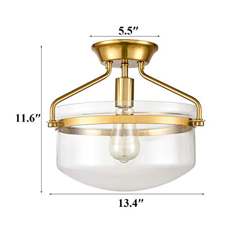 Image of Modern Gold Semi Flush Mount Ceiling Light with 13.4 inchW Dome Glass Shade