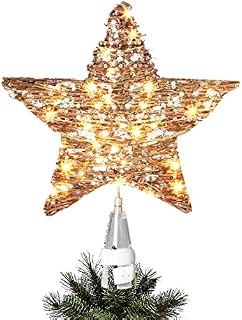 Vanthylit Christmas Tree Topper Pre Lit Tree Star Topper Light up Rattan Natural Star Treetop Mains Powered with 40 Warm White LEDs Xmas Tree Decorations for Christmas New Year Holiday Home decor