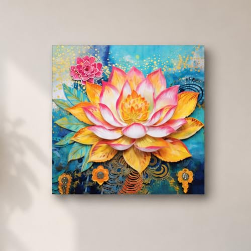 Image of PAINTINGMANTRA Modern Lotus Artwork Stretched Canvas Painting for Living Room | Abstract Floral Canvas Wall Decor Art For Livingroom, Bedroom, Office, Hallways - 16x16 Inch