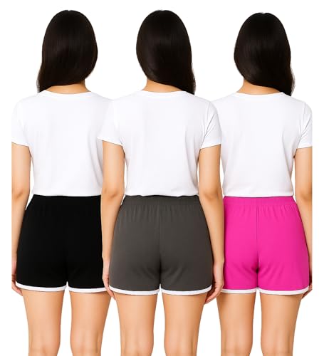 Image of Hangout Hub Women's Cotton Shorts | Boxer Half Pant with Sporty Stripe | Elastic Waist | Hypoallergenic Breathable Fabric | Sweat Absorbent Material | Gym Exercise Yoga Lounge Run Wear (Multi Color)