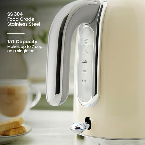 Image of Tower Premium Solace Electric Kettle 1.7L, 1350W | Full Metal Body, Rapid Boil in 45 Seconds, Auto Shut-Off, Boil-Dry Protection, 360 Power Base, Water Level Indicator, 2 Year Warranty (Cream)