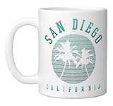 Vintage California Beach design. This cool vintage San Diego design with palm trees is the perfect gift idea or souvenir for surfers in summer. Ideal for wearing on the beach. 11-ounce ceramic mug is dishwasher and microwave-safe, lead and BPA free F...