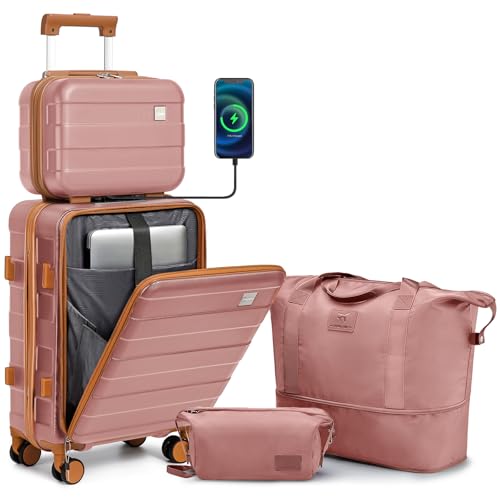imiomo Carry on Luggage 22x14x9 Airline Approved, Lightweight Hard Shell Carry-on Suitcase, 20 Inch Travel Luggage with Spinner Wheels and USB Port, RoseGold Brown, RoseGold, 4 piece set