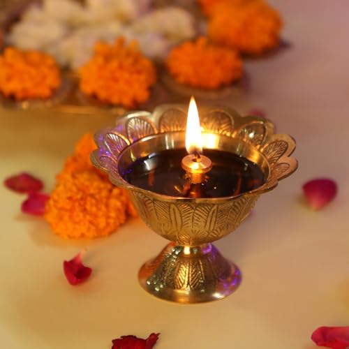 Brass Lotus Akand Diya Traditional Indian Golden Oil Lamp for Diwali Pooja & Home Temple Decoration Handmade Engraved Virgin Brass Metal for Thanksgiving & Festivals (Pack of 1)