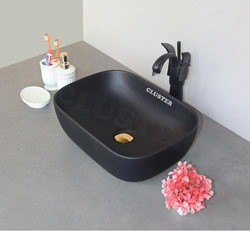 Image of CLUSTER Designer Table Top Wash Basin For Bathroom | Ceramic Bathroom Sink | Over Counter Wash Basin for Hotel, Resturent (18x13x6 Inch) (Matt Super Black)
