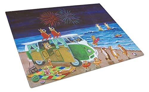 Caroline's Treasures 7317LCB Corgi Beach Party Volkswagon Bus Fireworks Glass Cutting Board Large Decorative Tempered Glass Kitchen Cutting and Serving Board Large Size Chopping Board