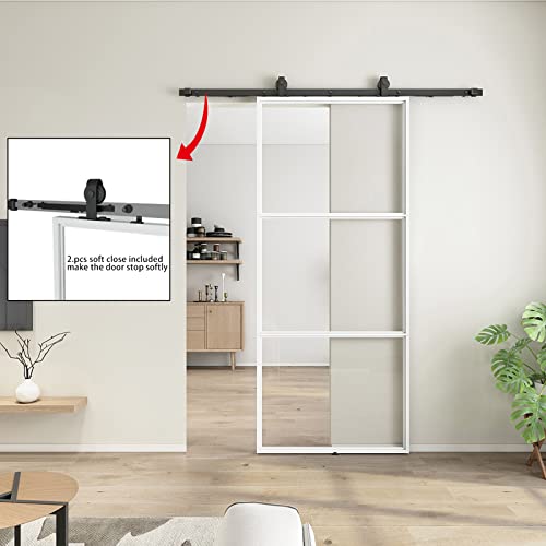Jubest 36In X 84In Glass Barn Door With 6Ft Hardware Kit & Soft Close, Clear Tempered Glass Carbon Steel Pre Drilled White Frame Sliding Barn Door Panel #TOP3