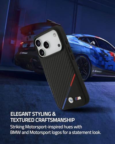 Image of CG MOBILE BMW [Official Licensed] Protective Case Designed for iPhone 17 Pro Max |Magnetic Compatible|M Collection|Pu Leather Case Carbon & Tricolor Stripe with Metal Logos -Black