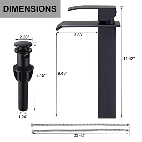Shaco Matte Black Vessel Sink Faucet, Tall Waterfall Bathroom Faucet For Sink Bowl, Single Handle One Hole Bathroom Mixer Tap With Pop Up Drain And Water Supply Line, Lavatory Vanity Faucet #TOP3