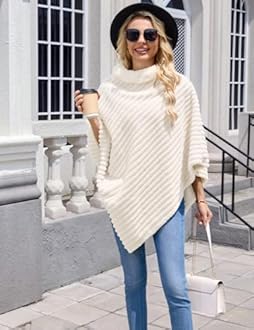 Ferand Women's Cozy Striped Faux Fur Poncho Sweater Soft Fuzzy Shawl for Winter