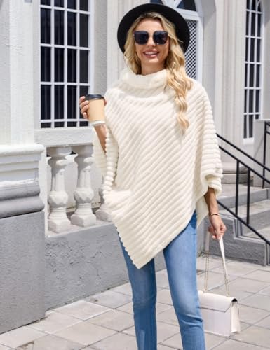 Ferand Women's Cozy Striped Faux Fur Poncho Sweater Soft Fuzzy Shawl for Winter