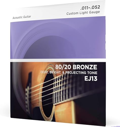 Image of EJ13 80 /20 Bronze Acoustic Guitar Strings - Custom Light Gauge 11-52, Bright Tone, Enhanced Tuning Stability, Hex Core Steel, Corrosion-Resistant, 6-String Set