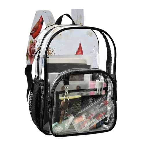 Beautiful Red Bird Rose Flower Clear Backpack Heavy Duty See Through Transparent PVC BookBag for Kids Boy Girl School Work2