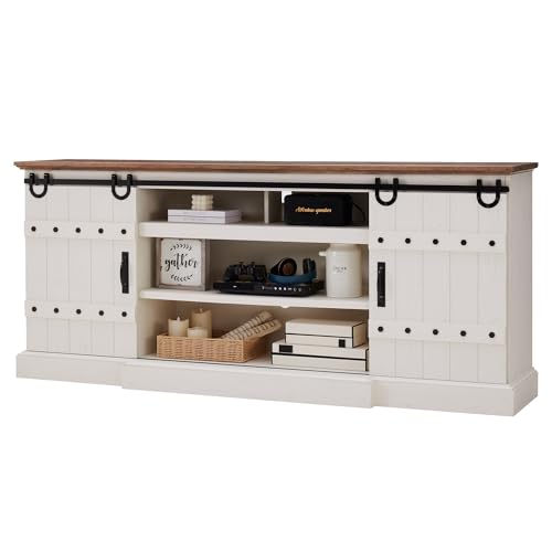 OKD-75-Farmhouse-TV-Stand-for-TVs-Up-to-85-Inches-Large-Rustic-Entertainment-Center-with-Sliding-Barn-Door-Tall-Highboy-Media-Console-Table-with-Storage-Cabinet-for-Living-Room-Antique-White OKD 75 Farmhouse TV Stand for TVs Up to 85 Inches Large Rustic Entertainment Center with Sliding Barn Door Tall Highboy Media Console Table with Storage Cabinet for Living Room Antique White