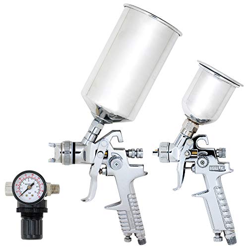 Image of 3 Piece HVLP Paint Spray Gun Set - Full-Size Gravity Feed Spray Gun, Detail Touch-Up Gun, and Pressure Regulator with Gauge, Aluminum Cups, Lightweight & Rust-Resistant - 837234