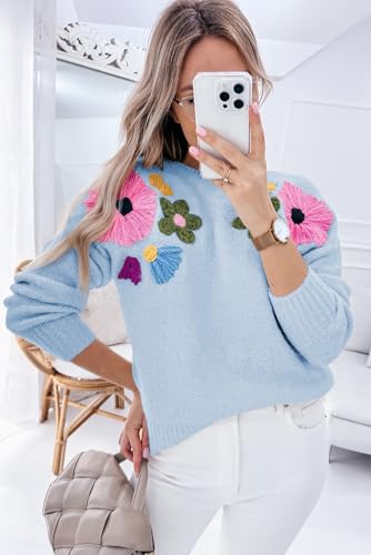 Women's Light Blue Knitted Sweater with Floral Pattern and Ribbed Edge2