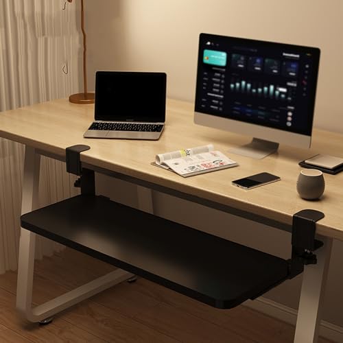 調節可能なCクランプ式デスク下キーボードトレイ、引き出し付き、キーボードとマウス用プラットフォーム、スライド式キーボード棚、ブラック