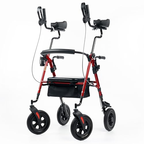 ELENKER All-Terrain Upright Rollator Walker, Stand Up Rolling Walker with 10’’Big PU Wheels and...