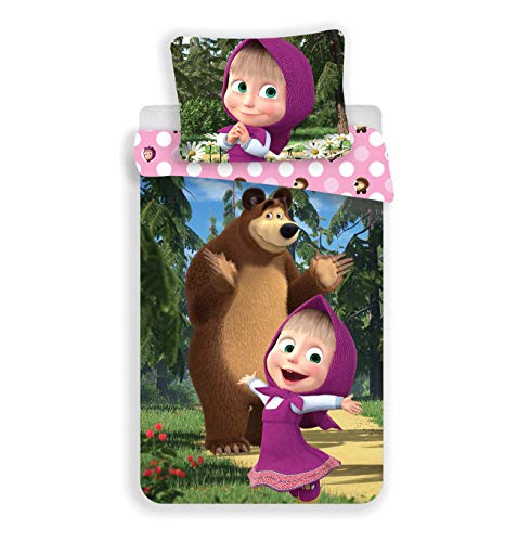 L-S KIDS BOUTIQUE Masha ET MICHKA - Juego de funda nórdica de 140 x 200 cm y funda de almohada de 70 x 90 cm, para cama individual 100% algodón