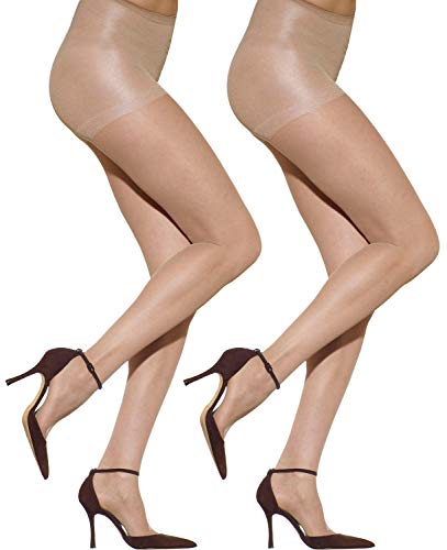 Silkies Women's Control Top Pantyhose with Light Support Legs (2 Pair Pack)-Large Nude