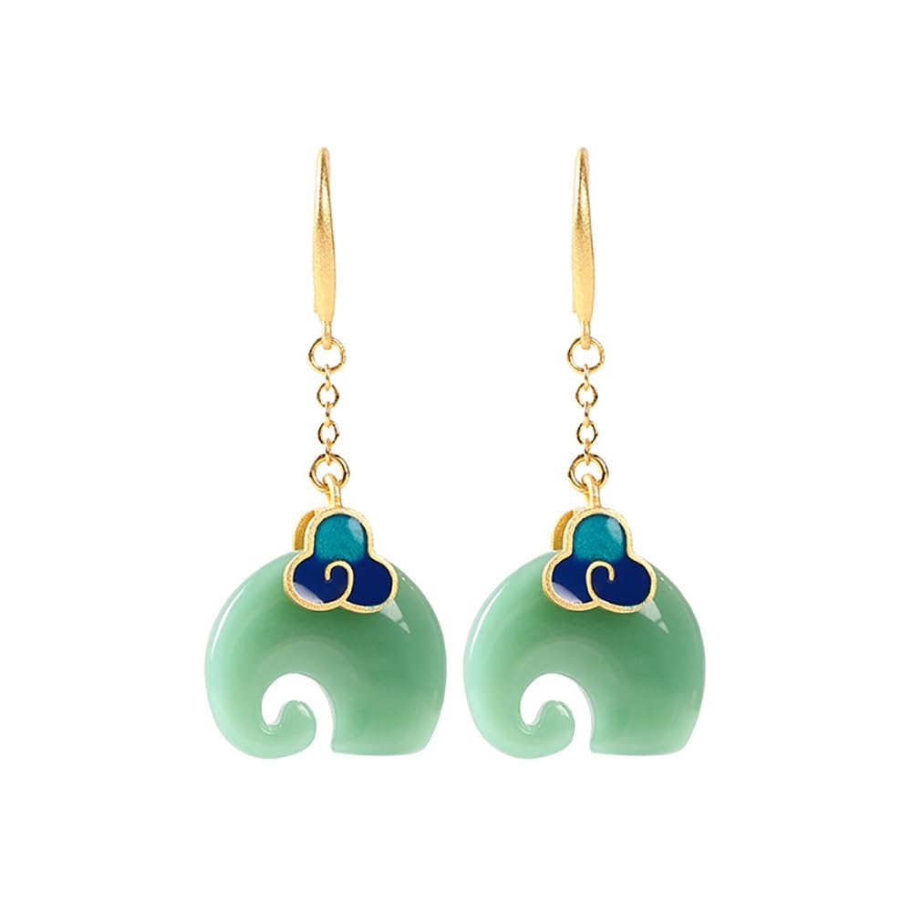 WBDWWTD Auspicious Clouds Elefantenförmige Emaille- und Hetian-Ohrhänger, exquisiter Vintage-Jade-Schmuck aus Sterlingsilber, Geschenke für Frauen