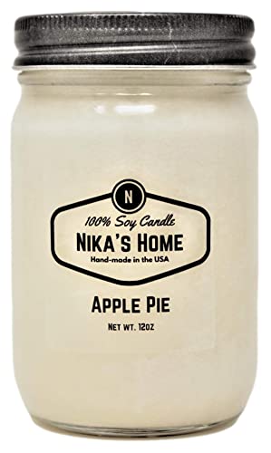 Nika's Home Apple Pie Soy Candle 12oz Mason Jar Non-Toxic White Soy Handmade, Long Burning 50-60 Hours Highly Scented All Natural, Clean Burning Large Candle Gift Décor