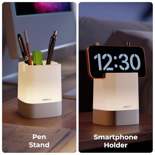 Image of Xech Pen Stand with Ambient Night Light & Mobile Holder | 3-Colour Ambient Light, Touch Control | Rechargeable Night Lamp for Office, Study & Bedside (Nova)