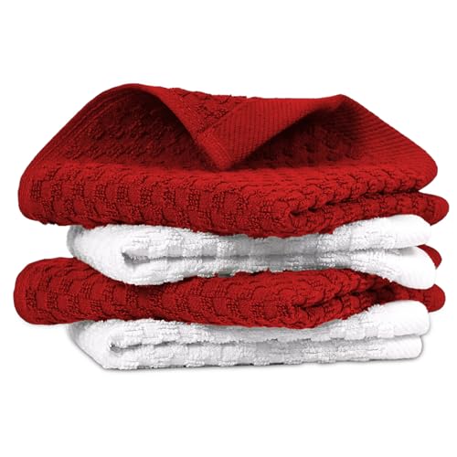 Infinitee Xclusives Premium Dish Cloth 100% Cotton 12 x 12 Inches |Pack of 4| - Ultra Soft Tea Towels - Highly Absorbent Kitchen Rags - Terry Dishcloth for Kitchen and Household Cleaning |Red|