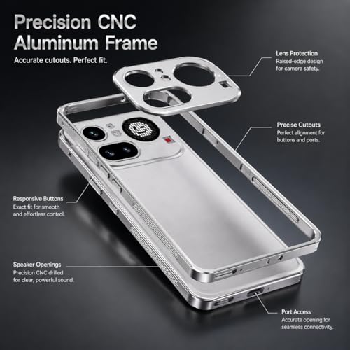 Image of Metal Frame Case for Nothing Phone (4a) Pro with Lens Cover | Aluminum Alloy Shockproof Bumper, Heat Dissipation Design, Anti-Drop Scratch Resistant Slim Gaming Cover - (Silver)
