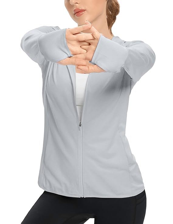 Image of Alexvyan Size-L Full Length Women's UV & Sun Protection Jacket with 4 Pocket, Light weight Summer Screen Hoodie, UPF 50+ Protection for Outdoors, Long Full Zipper Jacket- FIT 50-65 KG (Grey, Hooded)