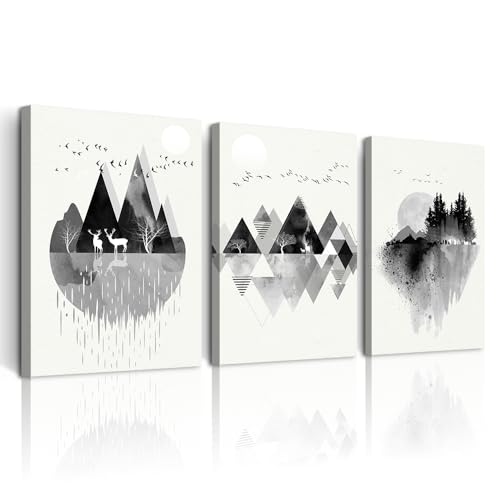 DZRWUBHS Large Abstract Wall Art For Living Room Canvas Wall Decor For Office Bedroom Decorations Wall Pictures Prints Artwork Black And White Mountain Geometric Wall Painting Home Decor 3 Pieces