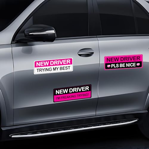 Image of 3Pcs Rose Red Student New Driver Car Magnetic Bumper Stickers Logo, Brightly Colored Safety Warning Signs for Women, Funny Car Magnet Accessories Stickers Suitable for Students and Novice Drivers