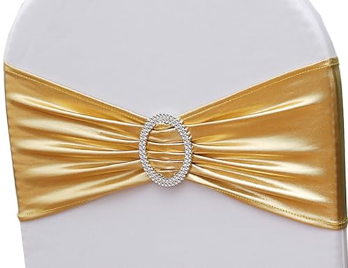 Image of Spandex Gold Chair Sashes Bows 50 Pack Stretch Chair Bands with Buckles Elastic Slider Chairs Ties for Wedding Decorations Party Reception Events Banquet Decor - Metal Gold