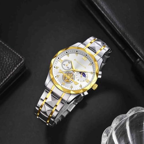 Image of Giordano Chronograph Analog Quartz Watch for Men with Round Dial, Multifunction Subdials, Sun Moon Display, Crystal Hour Markers, Roman Numerals, Stainless Steel Strap - GZ-50236