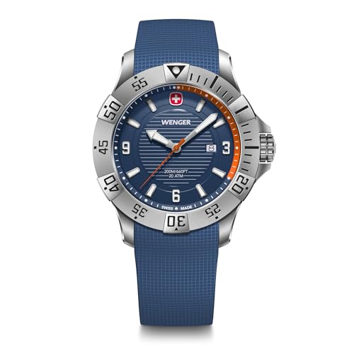 Wenger Reloj de Hombre Seaforce Analógico Quarz, Ø 43 mm, Swiss Made, Resistente al Agua hasta 200 m, Naranja/Azul, Correa de Silicona Azul, 01.0641.140 Wenger Reloj de Hombre Seaforce Analógico Quarz, Ø 43 mm, Swiss Made, Resistente al Agua hasta 200 m, Naranja/Azul, Correa de Silicona Azul, 01.0641.140