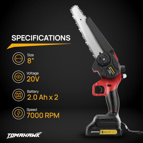 Image of TOMAHAWK TCS-8A Cordless Chainsaw 8 inch with Brushless motor, 20V Battery, Dual Switch Safety, Includes 2 Batteries & Charger, Portable Electric Handheld Saw for Gardening, Wood Cutting.