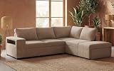 BUDWING Zurie Sofá Cama Esquinero 3, 2 Arcónes y Estante – Chaise Longue Derecha o Izquierda – Tapizado en Tela Beige – Ideal para Salones Grandes y Decoración de Hogar