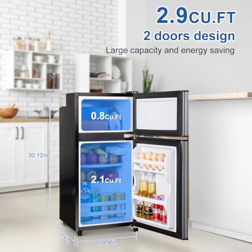 2.9 Cu.Ft Compact Double Door Mini Fridge - Top Freezer & Bottom Refrigerator | Energy Save, Ultra Quiet (<35dB), 7-Level Precision Cooling | Ideal for Dorm, Bedroom, Office & Small Spaces