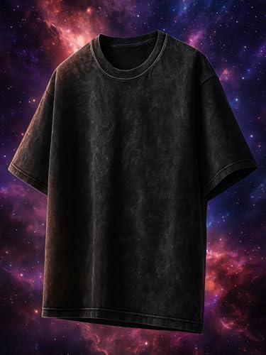 Image of Veirdo Heavy GSM Pure Cotton Acid Wash Print Round Neck Half Sleeve Oversized Fit Drop Shoulder T-Shirt for Men (Colors: Black, Navy, Green & Brown)