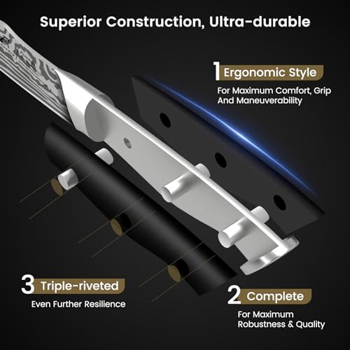 Coquusaid Steak Knives Set Of 6, 4.8 Inch Non Serrated Razor-Sharp Durable Dinner Knives With Rest, German Stainless Steel Damascus Pattern Full Tang Forged thumb #3