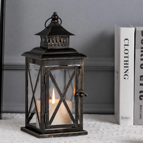 DECORKEY Lantern Decorative Indoor & Outdoor Large Hanging Candle Lanterns Home Decor Vintage Metal Candle Holders for Front Porch Patio Wedding Party Halloween Christmas Decorations (Black)