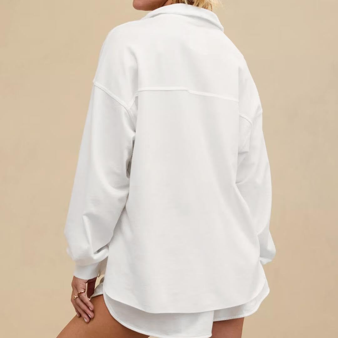 FMCHICO Womens Sweatshirt Casual Long Sleeve Button Down V Neck Pullover Tops Reverse Seam Loose Sweatshirts